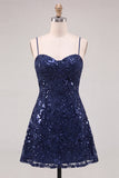 Paillettes blu navy A-Line con spalline spaghetti Abito corto di ritorno a casa con pizzo sulla schiena