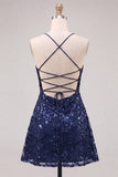 Paillettes blu navy A-Line con spalline spaghetti Abito corto di ritorno a casa con pizzo sulla schiena