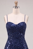 Paillettes blu navy A-Line con spalline spaghetti Abito corto di ritorno a casa con pizzo sulla schiena