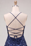 Paillettes blu navy A-Line con spalline spaghetti Abito corto di ritorno a casa con pizzo sulla schiena
