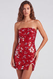 Paillettes bodycon senza spalline rosse scintillanti Vestito corto