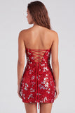 Paillettes bodycon senza spalline rosse scintillanti Vestito corto