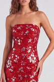Paillettes bodycon senza spalline rosse scintillanti Vestito corto