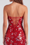 Paillettes bodycon senza spalline rosse scintillanti Vestito corto