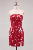 Paillettes bodycon senza spalline rosse scintillanti Vestito corto