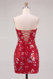 Paillettes bodycon senza spalline rosse scintillanti Vestito corto