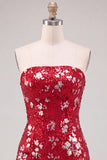 Paillettes bodycon senza spalline rosse scintillanti Vestito corto