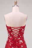 Paillettes bodycon senza spalline rosse scintillanti Vestito corto