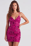 Fucsia Bodycon Lace Up Back Floreale Vestito Corto di cocktail con paillettes