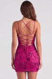 Fucsia Bodycon Lace Up Back Floreale Vestito Corto di cocktail con paillettes