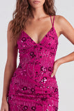 Fucsia Bodycon Lace Up Back Floreale Vestito Corto di cocktail con paillettes