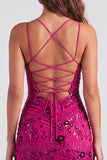 Fucsia Bodycon Lace Up Back Floreale Vestito Corto di cocktail con paillettes