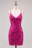 Fucsia Bodycon Lace Up Back Floreale Vestito Corto di cocktail con paillettes