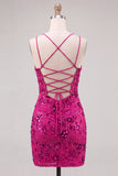 Fucsia Bodycon Lace Up Back Floreale Vestito Corto di cocktail con paillettes