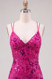 Fucsia Bodycon Lace Up Back Floreale Vestito Corto di cocktail con paillettes