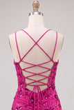 Fucsia Bodycon Lace Up Back Floreale Vestito Corto di cocktail con paillettes
