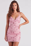 Fucsia Bodycon Lace Up Back Floreale Vestito Corto di cocktail con paillettes