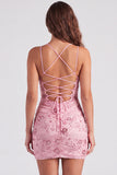 Fucsia Bodycon Lace Up Back Floreale Vestito Corto di cocktail con paillettes