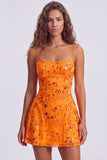 Paillettes rosse a linea A pizzi raccolti dietro spallette Vestito corto