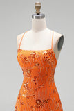 Paillettes rosse a linea A pizzi raccolti dietro spallette Vestito corto