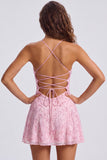 Paillettes rosse a linea A pizzi raccolti dietro spallette Vestito corto