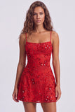 Paillettes rosse a linea A pizzi raccolti dietro spallette Vestito corto