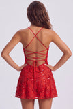Paillettes rosse a linea A pizzi raccolti dietro spallette Vestito corto