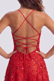 Paillettes rosse a linea A pizzi raccolti dietro spallette Vestito corto