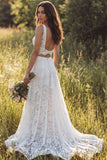 Abito da sposa lungo in pizzo a V in linea A in avorio con fessura