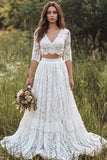 Abito da sposa a 2 pezzi con scollo a V e pizzo lungo con maniche mezze
