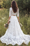 Abito da sposa a 2 pezzi con scollo a V e pizzo lungo con maniche mezze