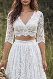 Abito da sposa a 2 pezzi con scollo a V e pizzo lungo con maniche mezze
