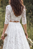 Abito da sposa a 2 pezzi con scollo a V e pizzo lungo con maniche mezze