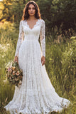 Abito da sposa lungo in pizzo a V pizzo in avorio con maniche lunghe