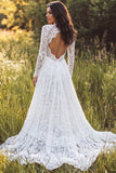 Abito da sposa lungo in pizzo a V pizzo in avorio con maniche lunghe