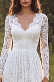 Abito da sposa lungo in pizzo a V pizzo in avorio con maniche lunghe