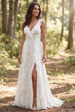 Abito da sposa lungo a linea a V in avorio con spacco e fessura