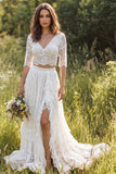 Abito da sposa lungo a maniche a V linea a in pizzo avorio con fessura