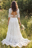 Abito da sposa lungo a maniche a V linea a in pizzo avorio con fessura