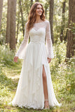 Abito da sposa a maniche lunghe con volant in chiffon avorio e fessura