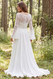 Abito da sposa a maniche lunghe con volant in chiffon avorio e fessura