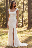 Abito da sposa lungo con scollo quadrato avorio di sirena e spacco