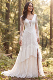 Abito da sposa lungo a maniche lunghe avorio con volant A-Line e fessura