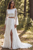 Abito da sposa A-Line A-Ivory 2 pezzi con scollo battuto a maniche lunghe e fessura