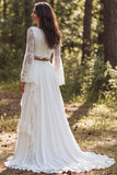 Abito da sposa A-Line A-Ivory 2 pezzi con scollo battuto a maniche lunghe e fessura