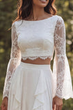Abito da sposa A-Line A-Ivory 2 pezzi con scollo battuto a maniche lunghe e fessura