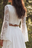 Abito da sposa A-Line A-Ivory 2 pezzi con scollo battuto a maniche lunghe e fessura