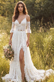 Abito da sposa in pizzo lungo con spallette in A-Line in avorio