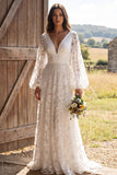 Abito da sposa lungo a scollo a V in avorio A-Line con maniche lunghe
