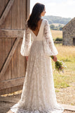 Abito da sposa lungo a scollo a V in avorio A-Line con maniche lunghe